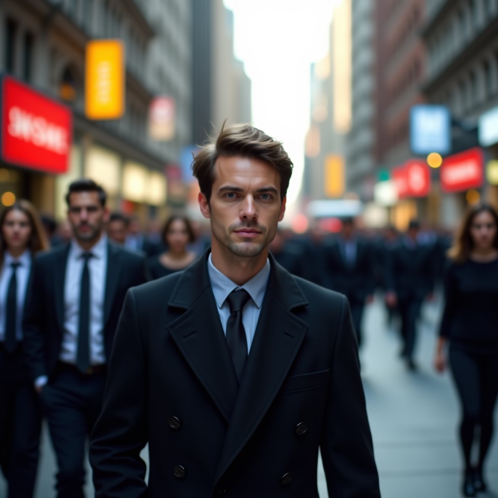 A person walking carefully in a busy urban environment, focused expression, cinematic depth of field, natural colors, 4:3 aspect ratio