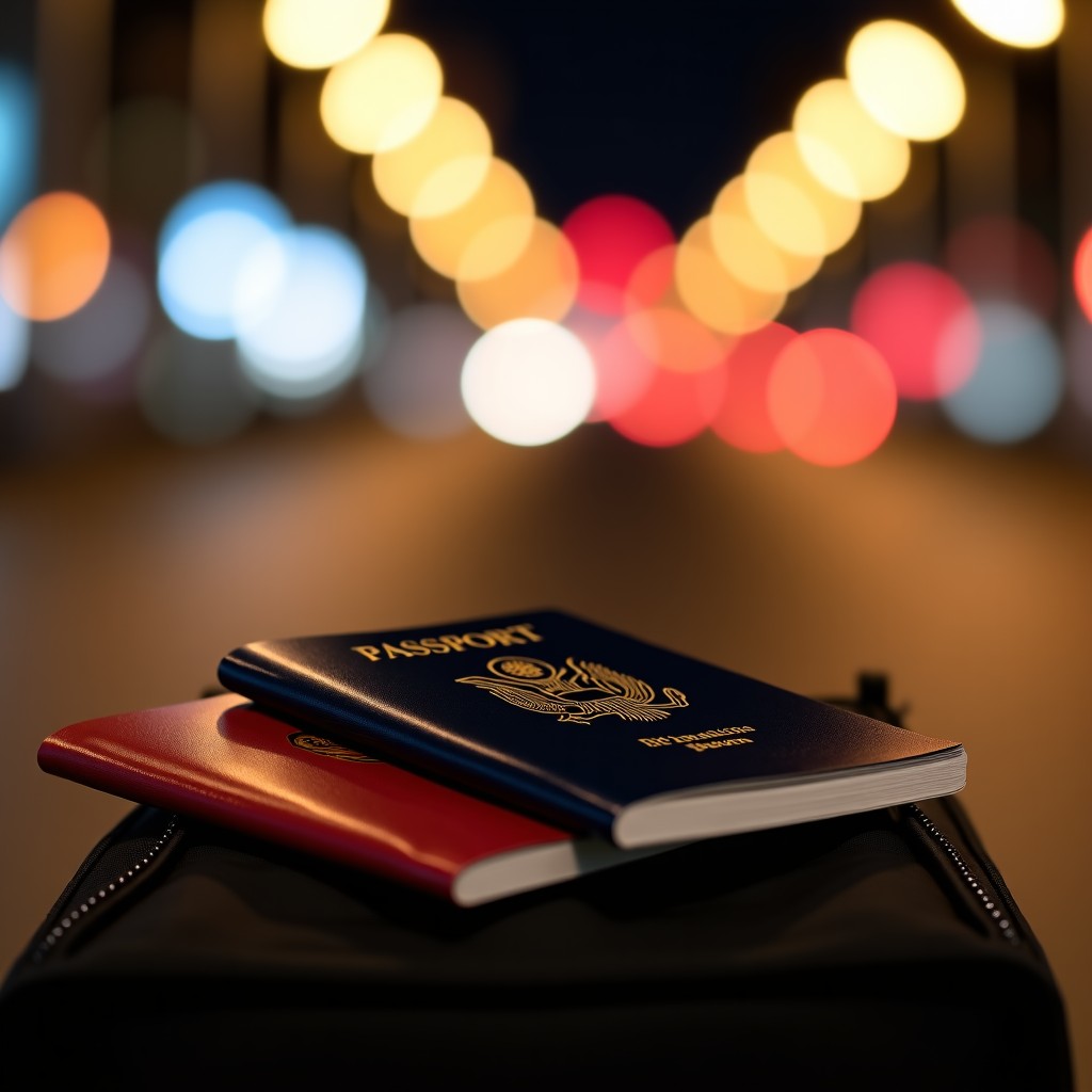 Close-up of a travel bag and a passport with blurry city lights in the background, warm atmosphere, professional photography, 4:3 aspect ratio