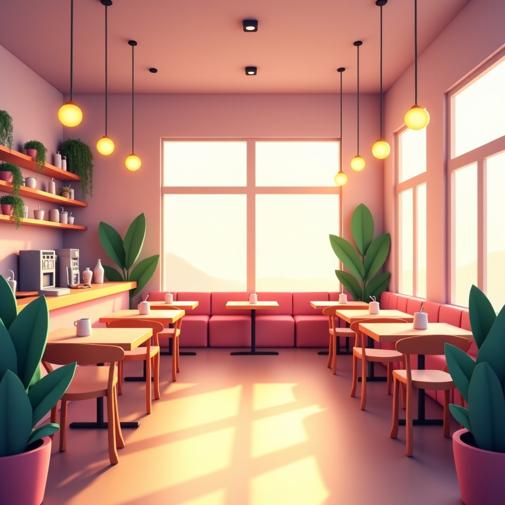 A trendy and aesthetic anime collaboration cafe interior with pastel tones and soft lighting, professional lifestyle photography, 4:3