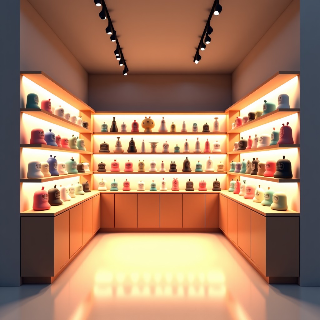 Modern interior of a pop-up store with anime character standees and minimalist shelves, warm ambiance, realistic style, 4:3