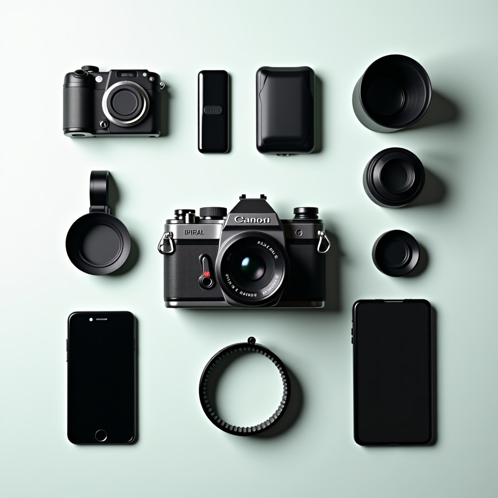A flat lay of a vintage digital camera and its accessories, clean background, minimal aesthetic, 4:3 aspect ratio.