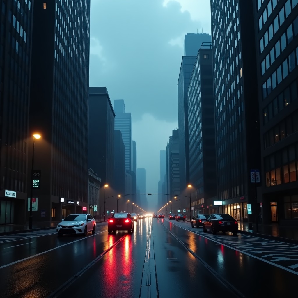 A cinematic shot of a rainy urban street, dark clouds over city buildings, moody atmosphere, realistic photography, 4:3