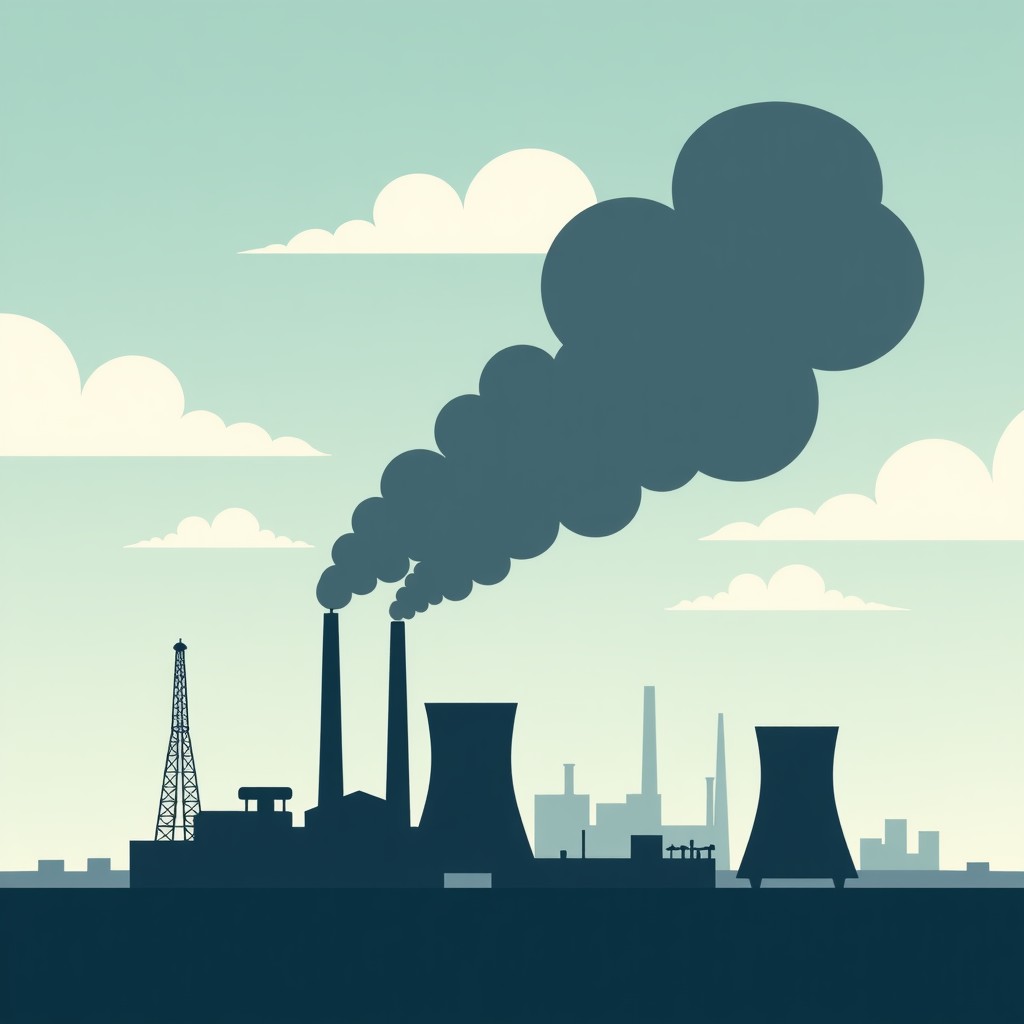 An illustration showing environmental pollution, industrial smoke mixing with clouds, conceptual art style, high contrast, 16:9