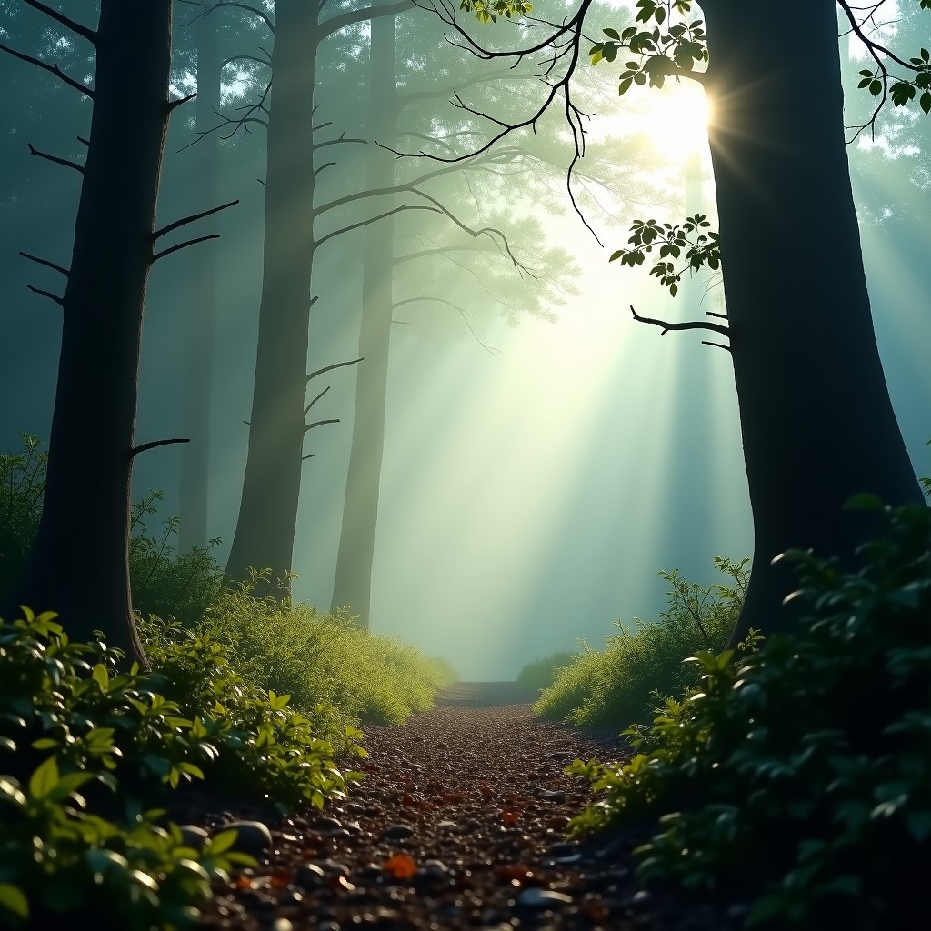 A forest landscape affected by environmental change, misty morning light, focus on tree leaves and ground, detailed photography, 4:3