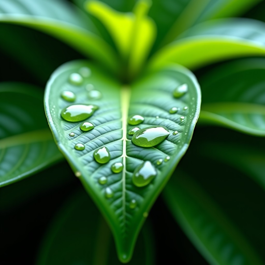 Close up of green leaves with water droplets after rain, clean and vibrant, natural lighting, macro photography, 16:9