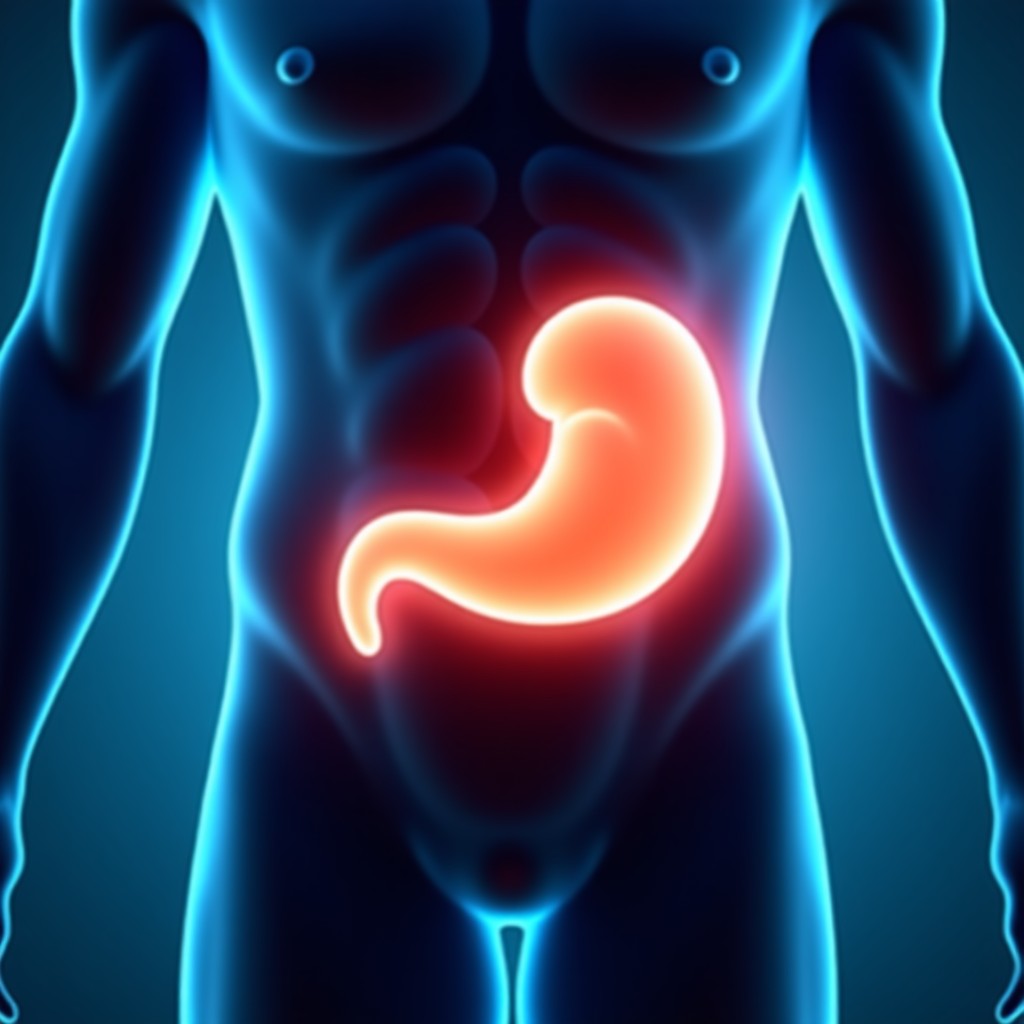 Medical concept image of a human abdomen with a soft glowing circular indicator on the lower right side, modern clinical setting, professional, 4:3