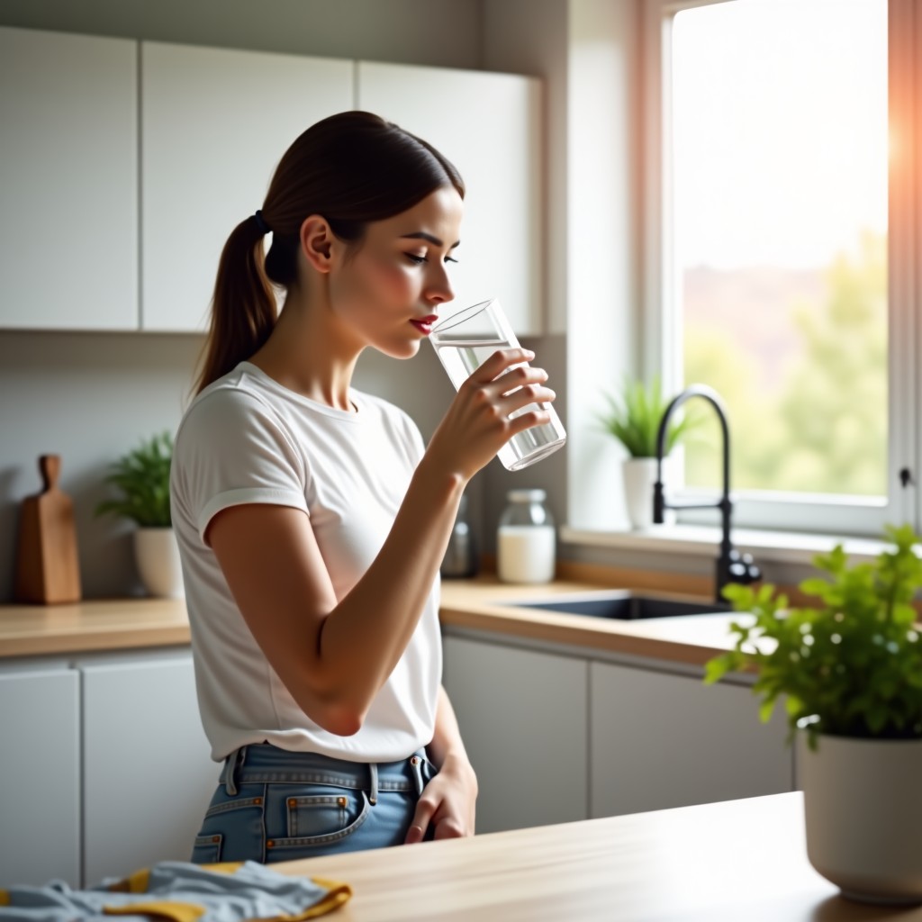 A person drinking a glass of water in a bright, clean, minimalist kitchen setting, healthy lifestyle, soft focus, high quality, 4:3