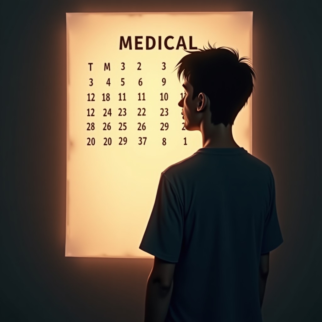 A silhouette of a person looking at a medical calendar, contemplative mood, soft warm indoor lighting, high quality, 4:3