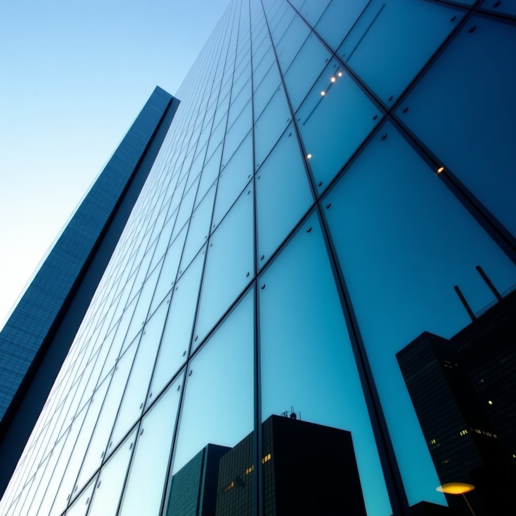 Close-up shot of a modern glass office building reflecting the city sky, symbolizing trust and corporate transparency, professional architectural photography, 4:3.
