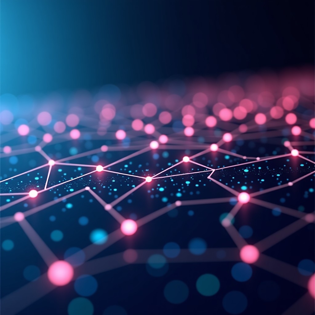 Abstract representation of digital connection and data flow, futuristic aesthetic, glowing lines and nodes, shallow depth of field, 4:3