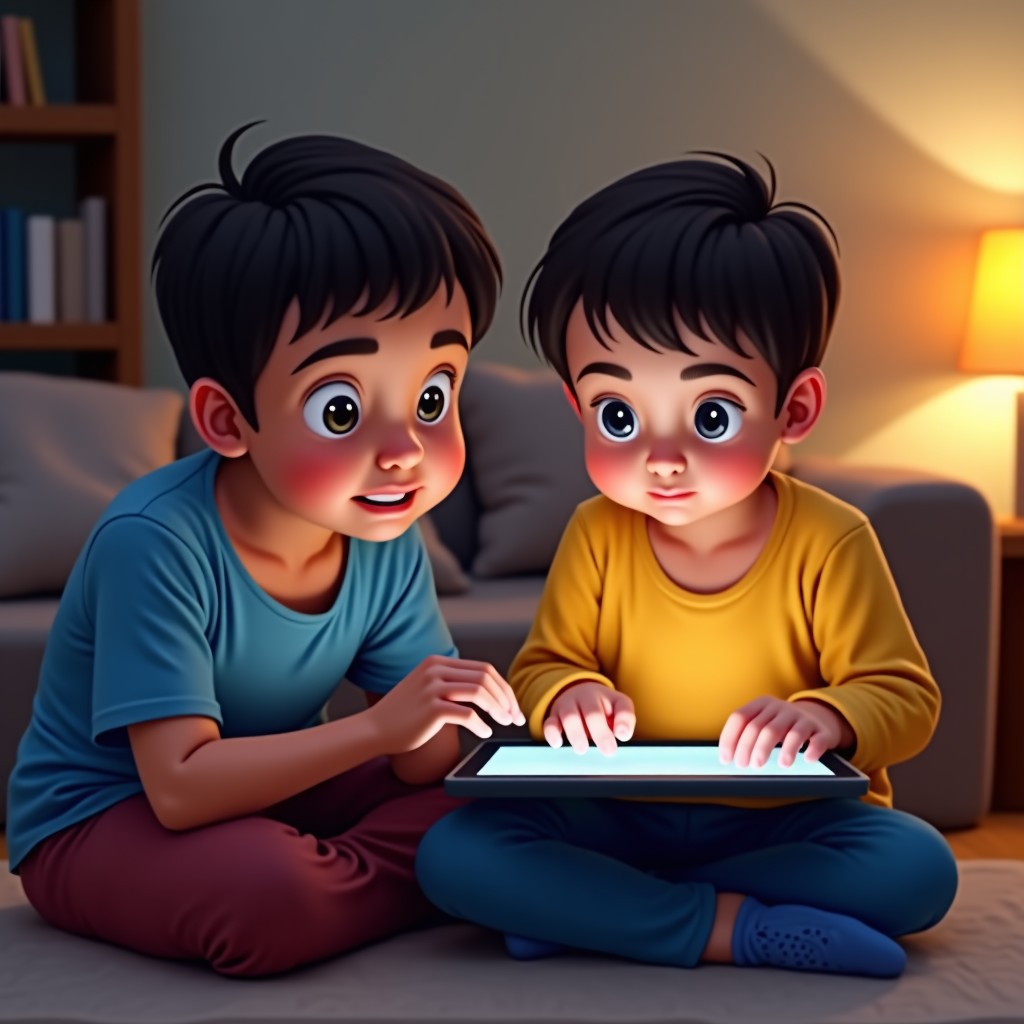 A parent and a child looking at a game on a tablet, serious and thoughtful expressions, indoor home environment, natural lighting, realistic style, 4:3