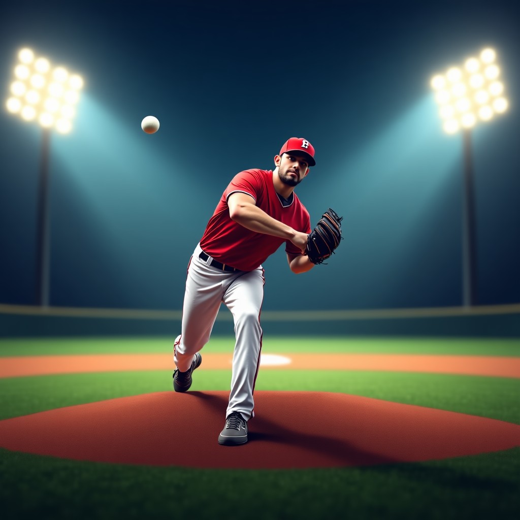 A professional baseball pitcher throwing a ball towards the home plate, intense focus, stadium lights, cinematic atmosphere, 4:3