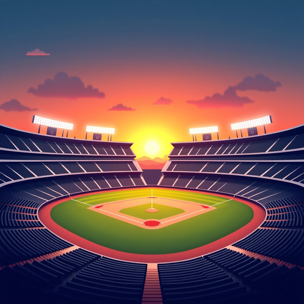 Sunset over a large modern baseball stadium, empty seats, vibrant colors, professional sports venue, 4:3