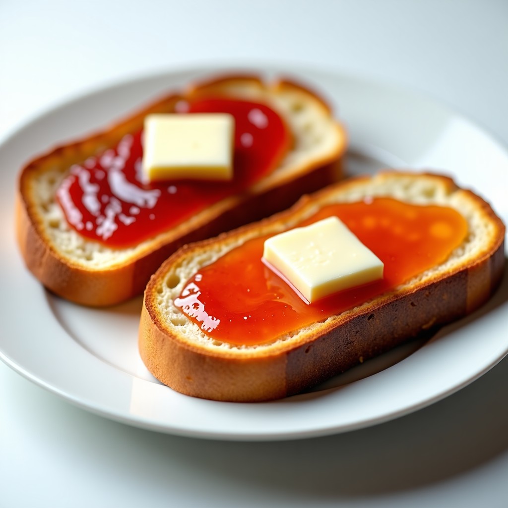 Delicious toasted bread slices topped with butter and jam on a clean white plate, gourmet food photography style, 4:3