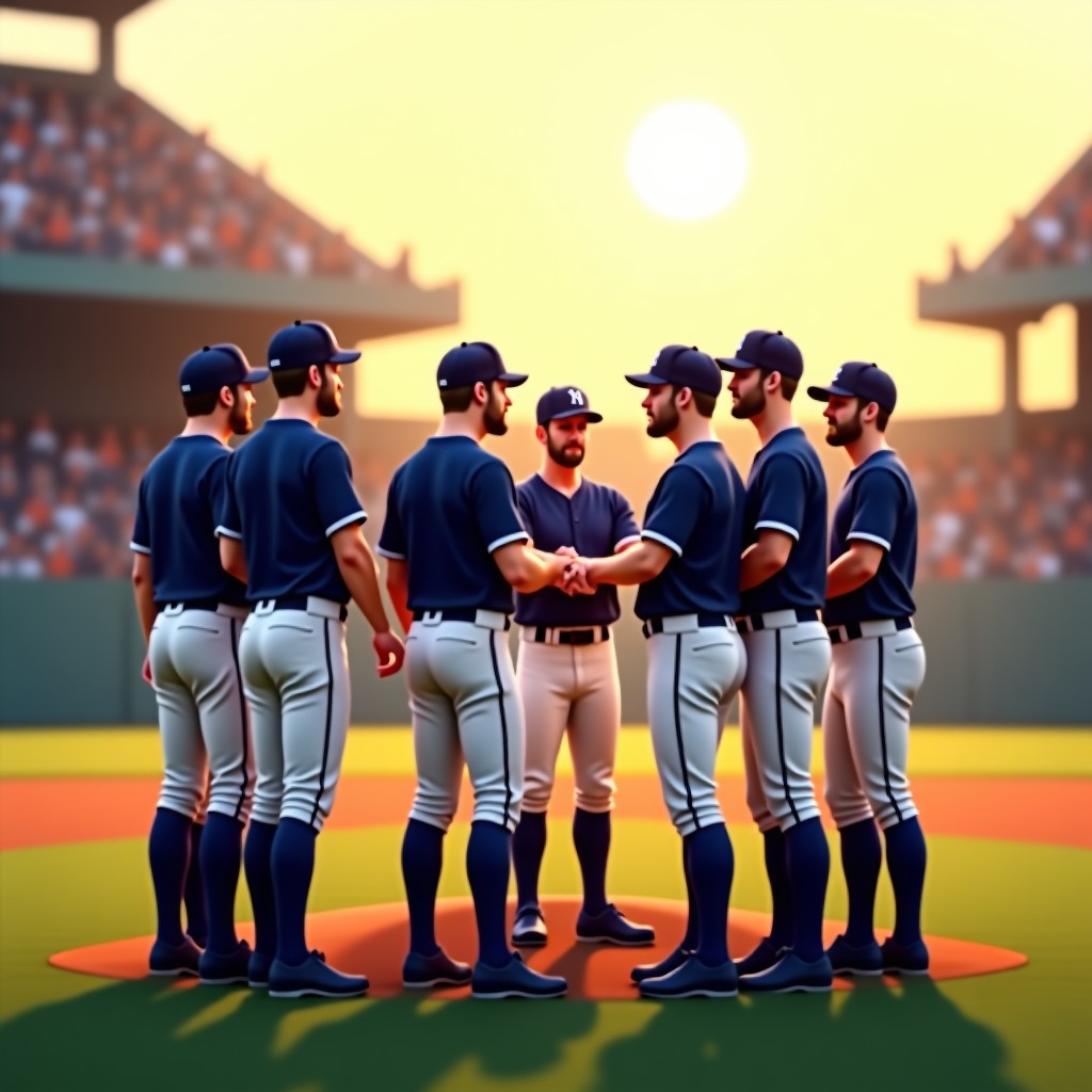 Baseball team players gathering together on the field for a huddle, discussing tactics, warm morning light, stadium background, professional sports atmosphere, realistic, 4:3
