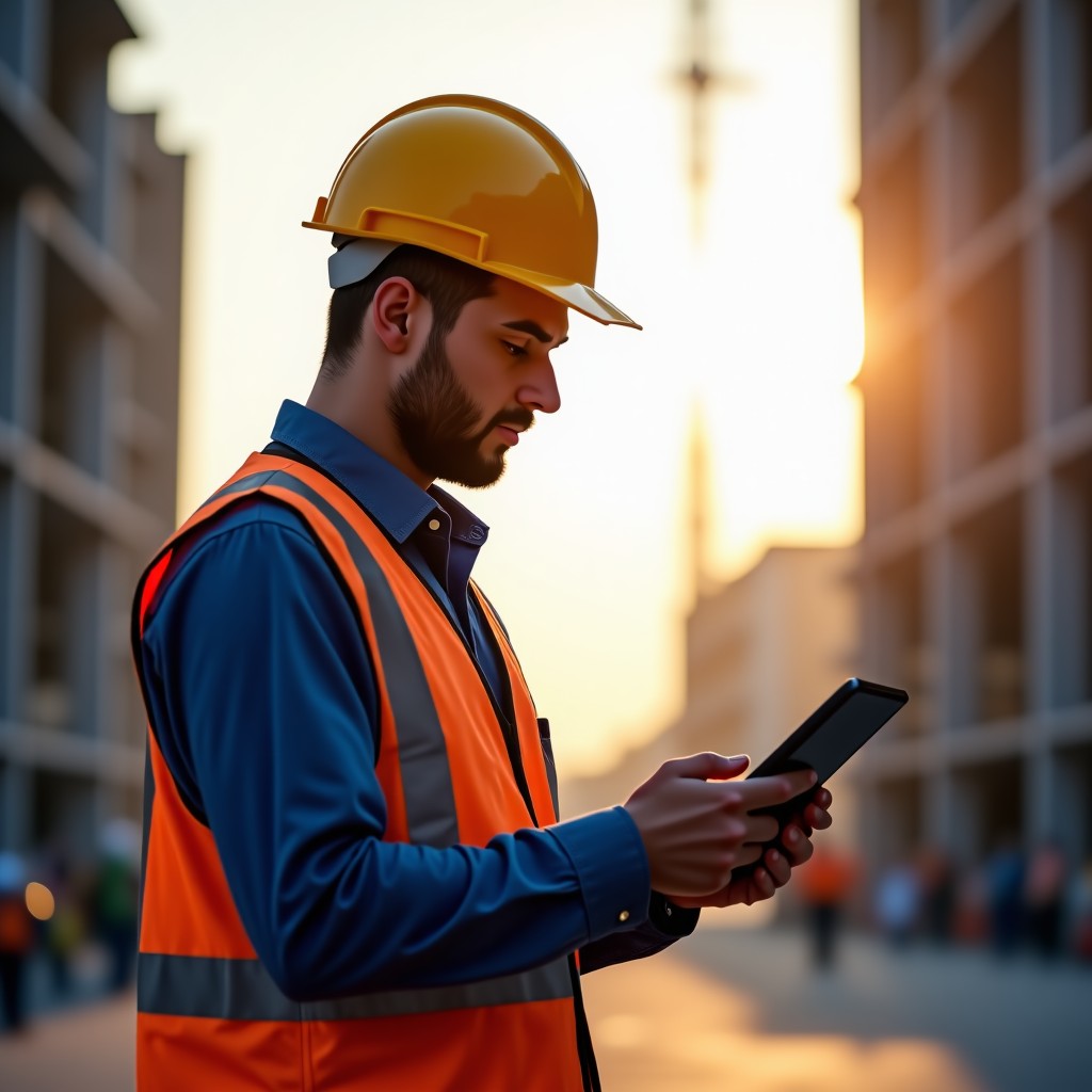 Close up of a construction manager checking a tablet in a bright construction site environment, industrial atmosphere, professional, high quality, 4:3 aspect ratio
