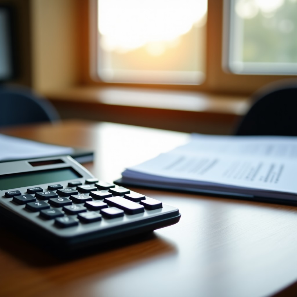 Organized office folder and professional calculator on a wooden desk, focus on stationery and light, minimalist aesthetic, 4:3 aspect ratio