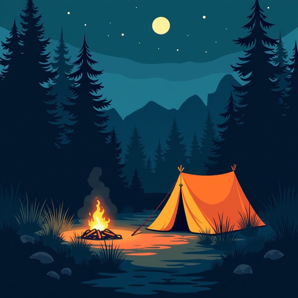 A vintage style illustration of an old camp site at night with flickering lanterns, moody atmosphere, dark blue and orange color palette, 4:3