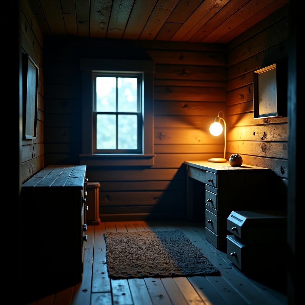 Interior of a rustic cabin, dimly lit by a single desk lamp, dust particles floating in the light, realistic texture, cinematic composition, 4:3