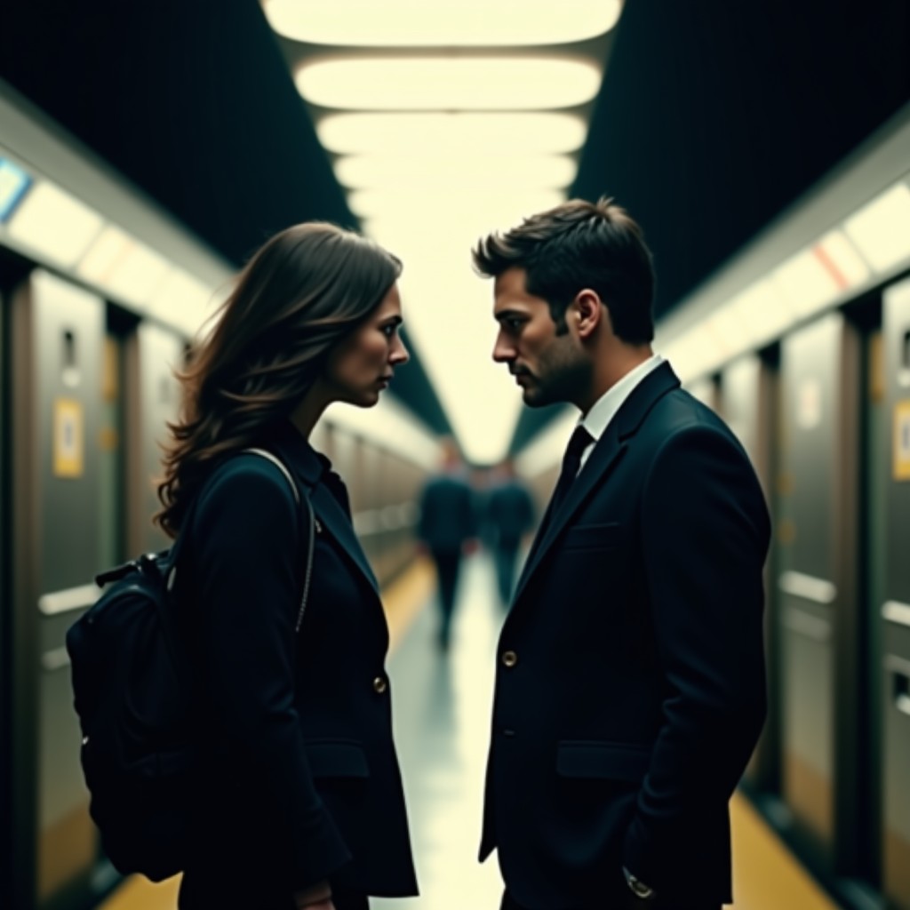 A dramatic scene of two people looking at each other across a busy subway platform, blurred background, cinematic lighting, realistic, 4:3