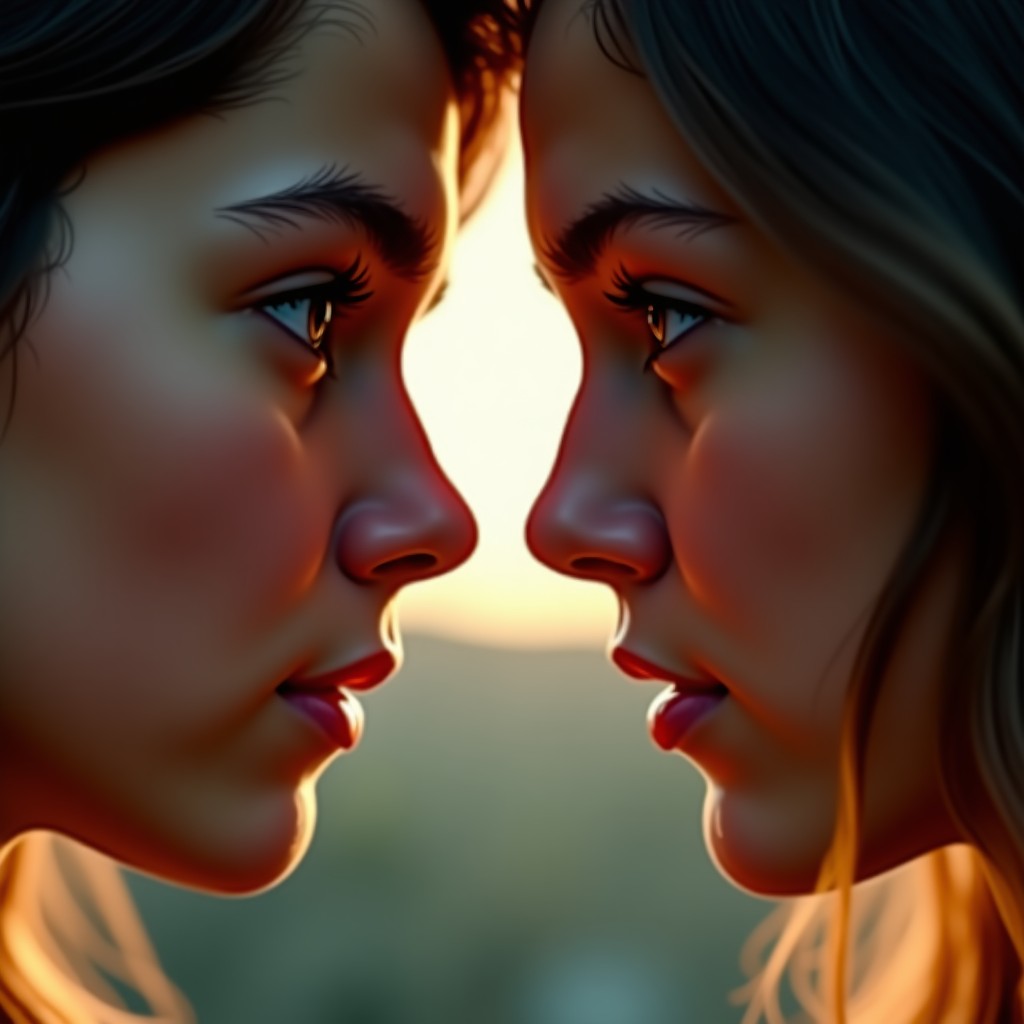 Close up shot of two young adults looking at each other with intense emotion, cinematic film grain, soft focus, realistic, 4:3