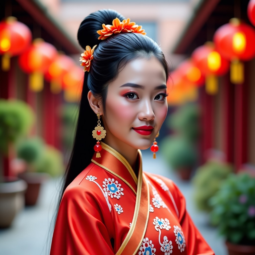 A stunning portrait of an individual in full traditional Chinese makeup and costume, standing in a decorated, vibrant outdoor courtyard, soft bokeh background, 4:3 aspect ratio.