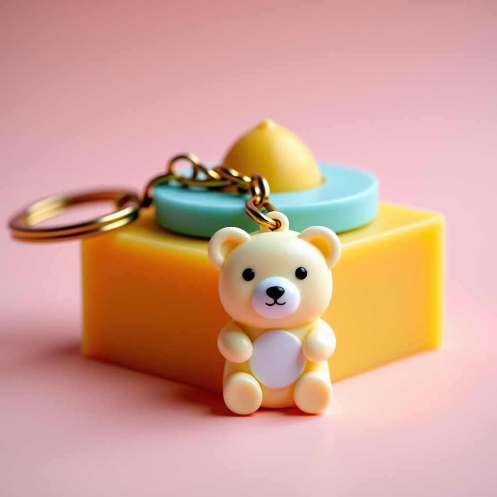 Close up of a cute bear shaped keychain attached to a small colorful soap, soft pastel background, professional product photography, 4:3