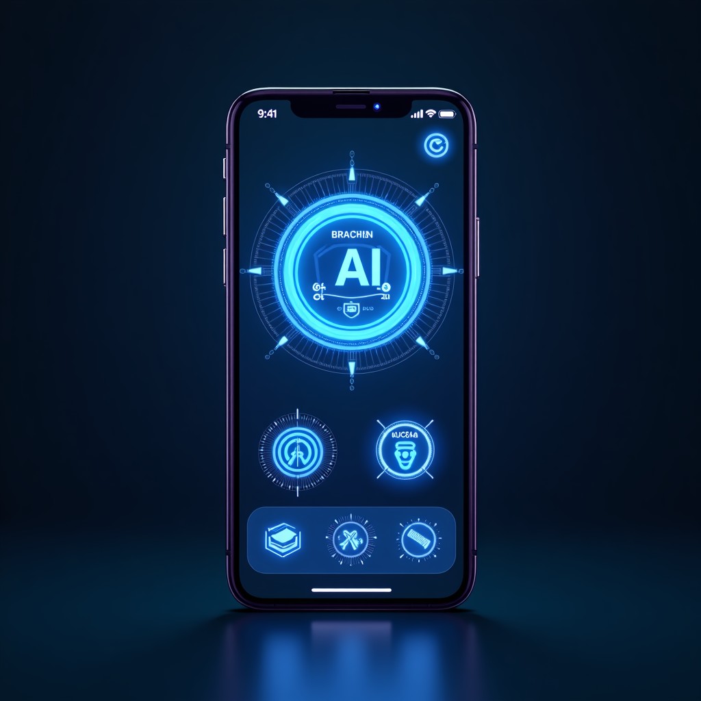 A high-tech smartphone interface displaying advanced AI features with glowing graphic elements, dark background, cinematic lighting, 4:3