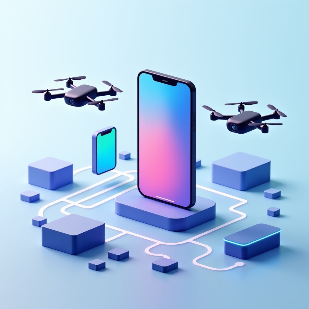 A futuristic concept showing a smartphone wirelessly connected to various smart devices like AR glasses and drones, clean minimalist aesthetic, 4:3