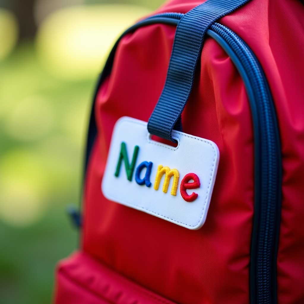 A close up shot of a colorful embroidered name tag attached to a toddler backpack, natural outdoor lighting, shallow depth of field, 4:3