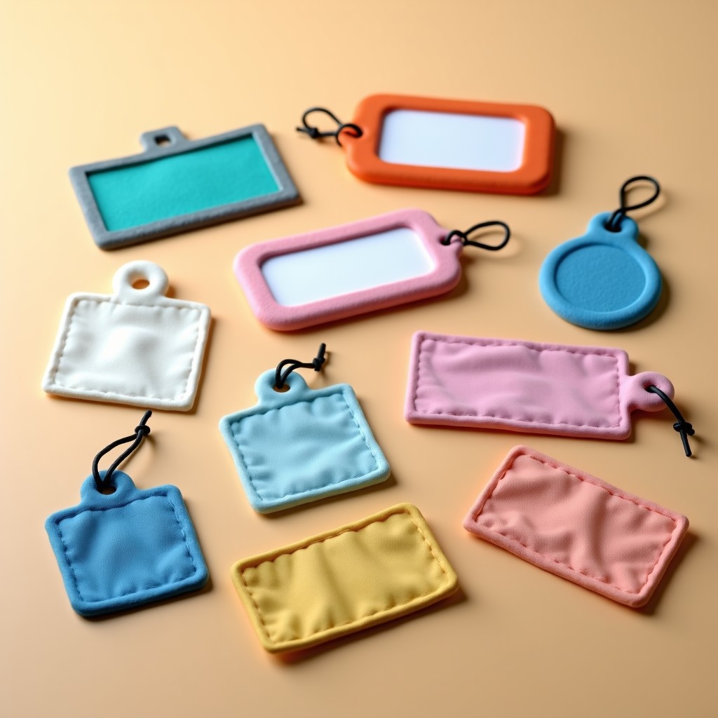 Assorted styles of children's name tags including fabric and plastic materials laid out on a neutral surface, soft focus, high quality, realistic, 4:3