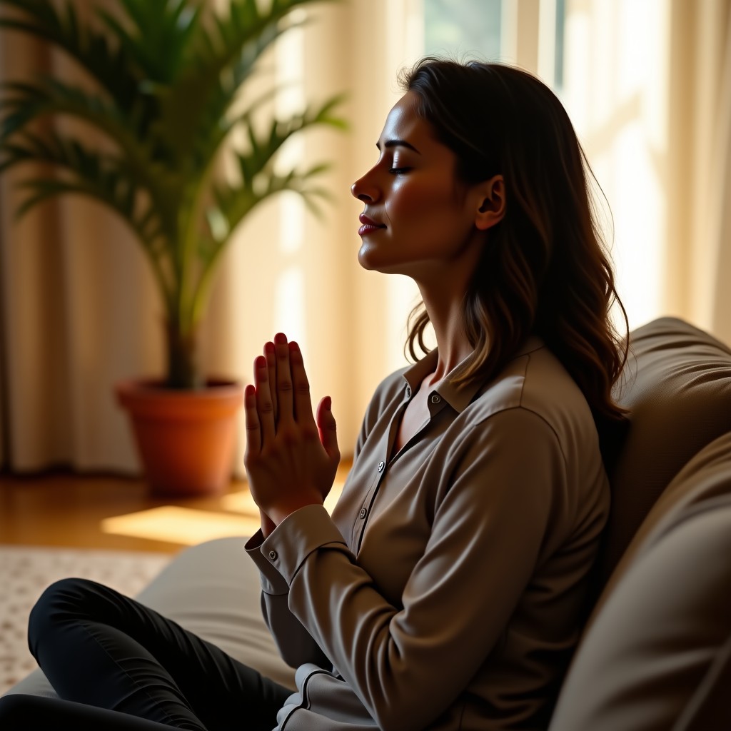 A calm person practicing deep breathing in a comfortable indoor space, warm lighting, natural lifestyle photography, 4:3