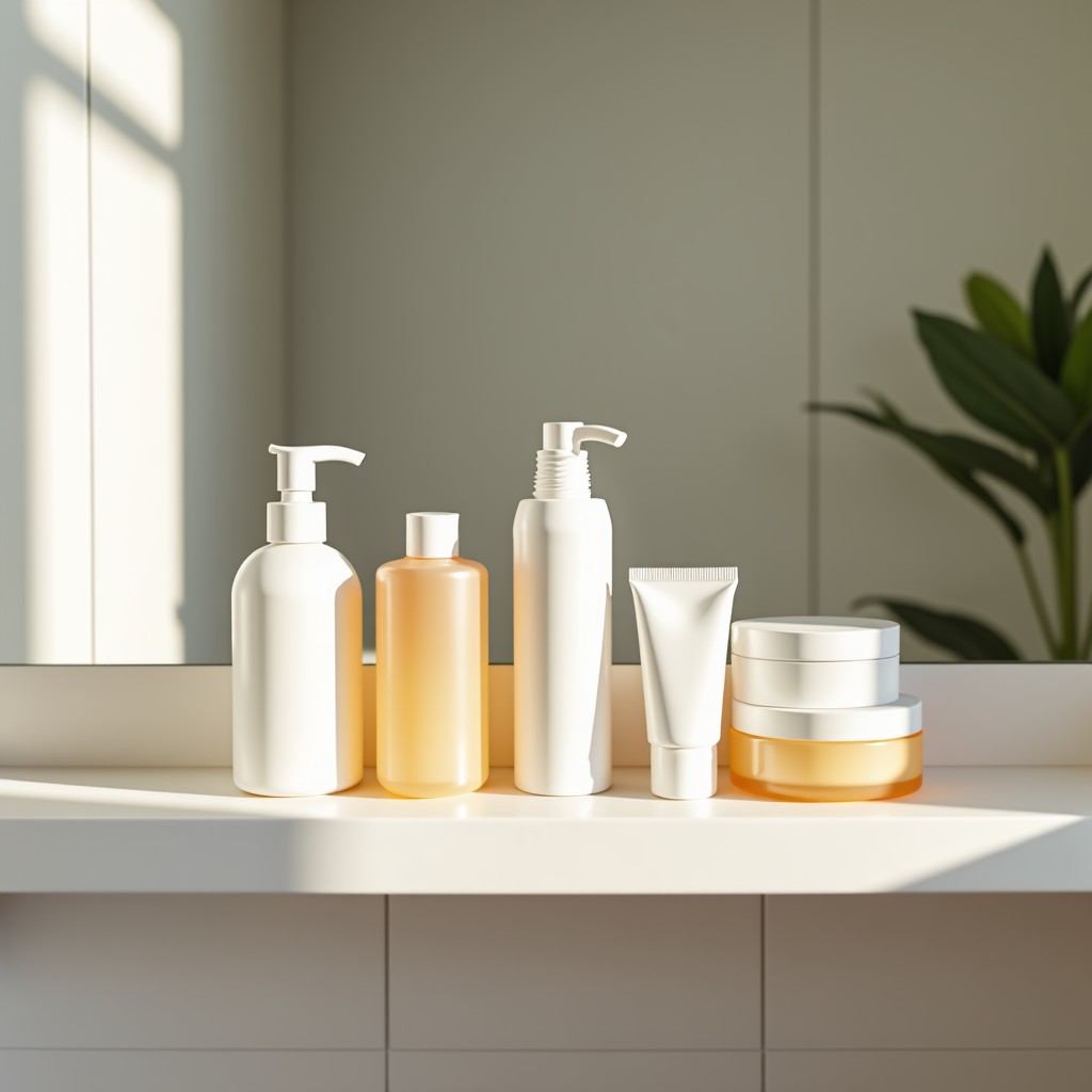A well organized bathroom shelf with skincare products and moisturizer, clean aesthetic, soft morning light, 4:3