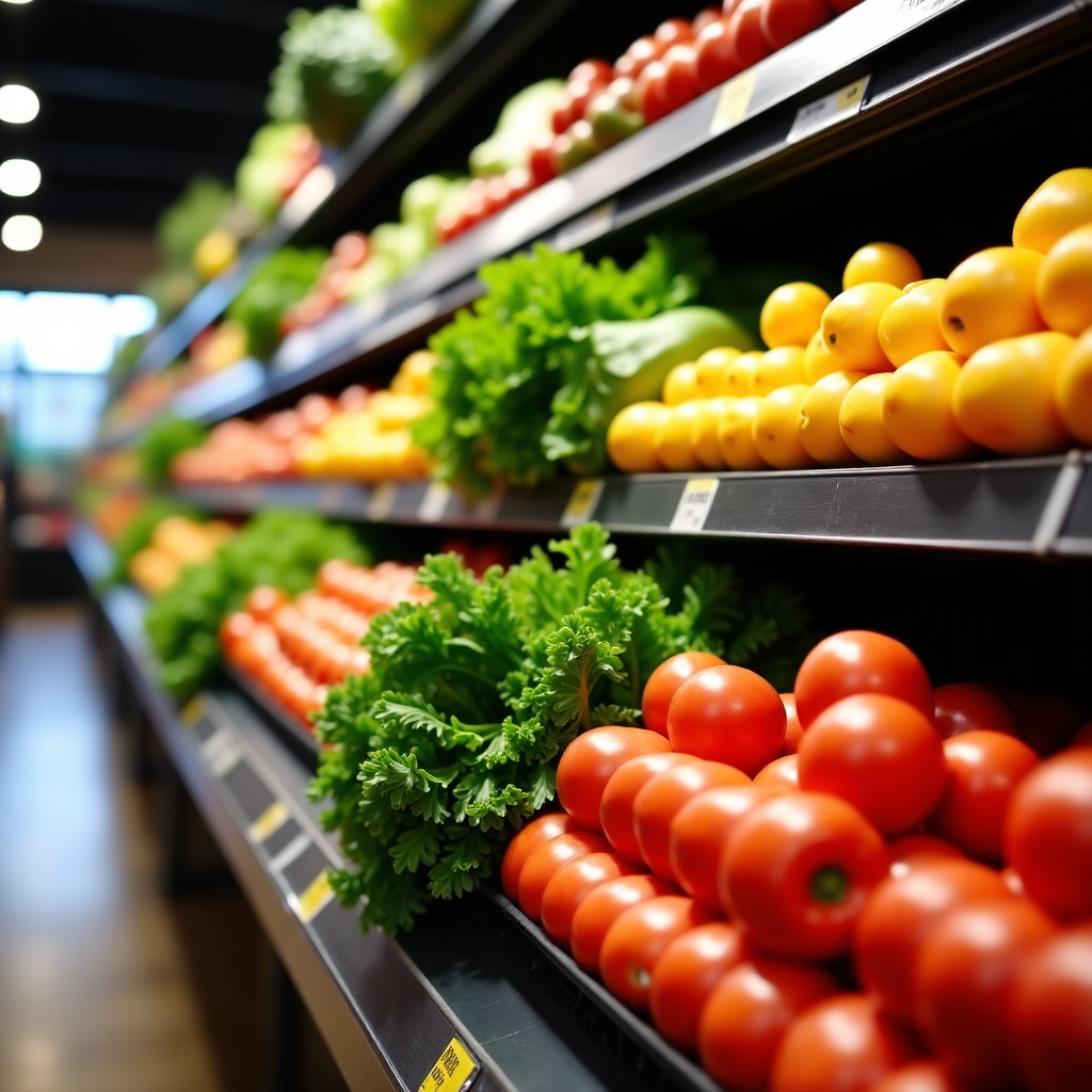 A bright and clean photograph of a grocery store shelf filled with fresh organic vegetables and vibrant fruits, high resolution, natural lighting, 4:3