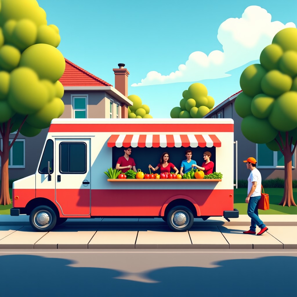 A modern mobile grocery truck parked in a residential neighborhood, people choosing fresh produce, realistic street photography, vibrant colors, 4:3