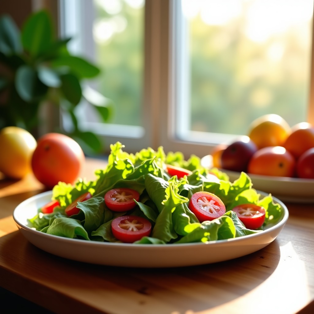A healthy, balanced meal on a wooden table with fresh salad and fruits, bright natural morning light, peaceful and healthy lifestyle vibe, 4:3