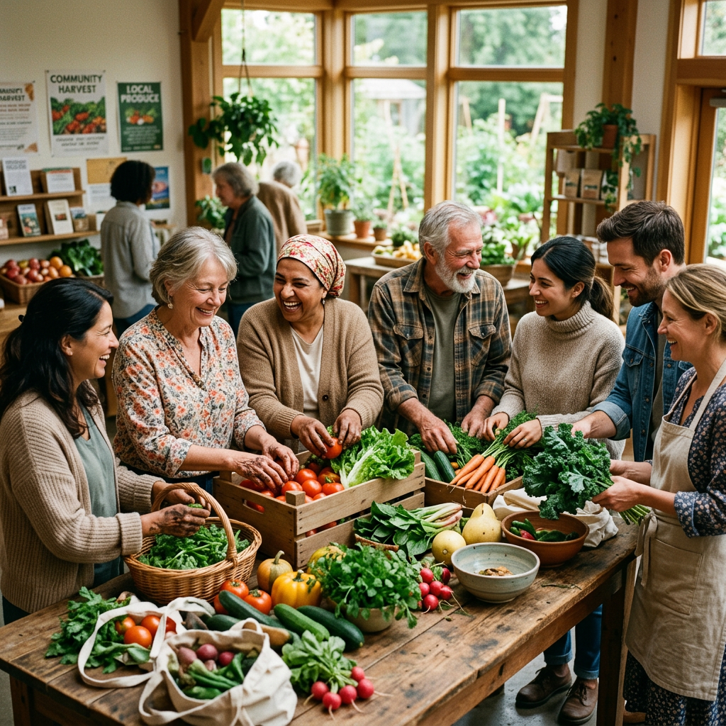 주민들이 모여 신선한 식재료를 나누는 모습