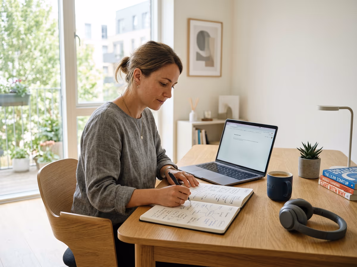 노트북 앞에 앉아 창업 아이디어를 구상하는 예비 창업자의 모습