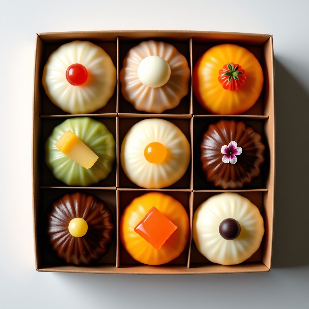 A collection of various handmade rice cakes arranged neatly in a premium gift box, clean lighting, soft shadows, gourmet presentation, 4:3