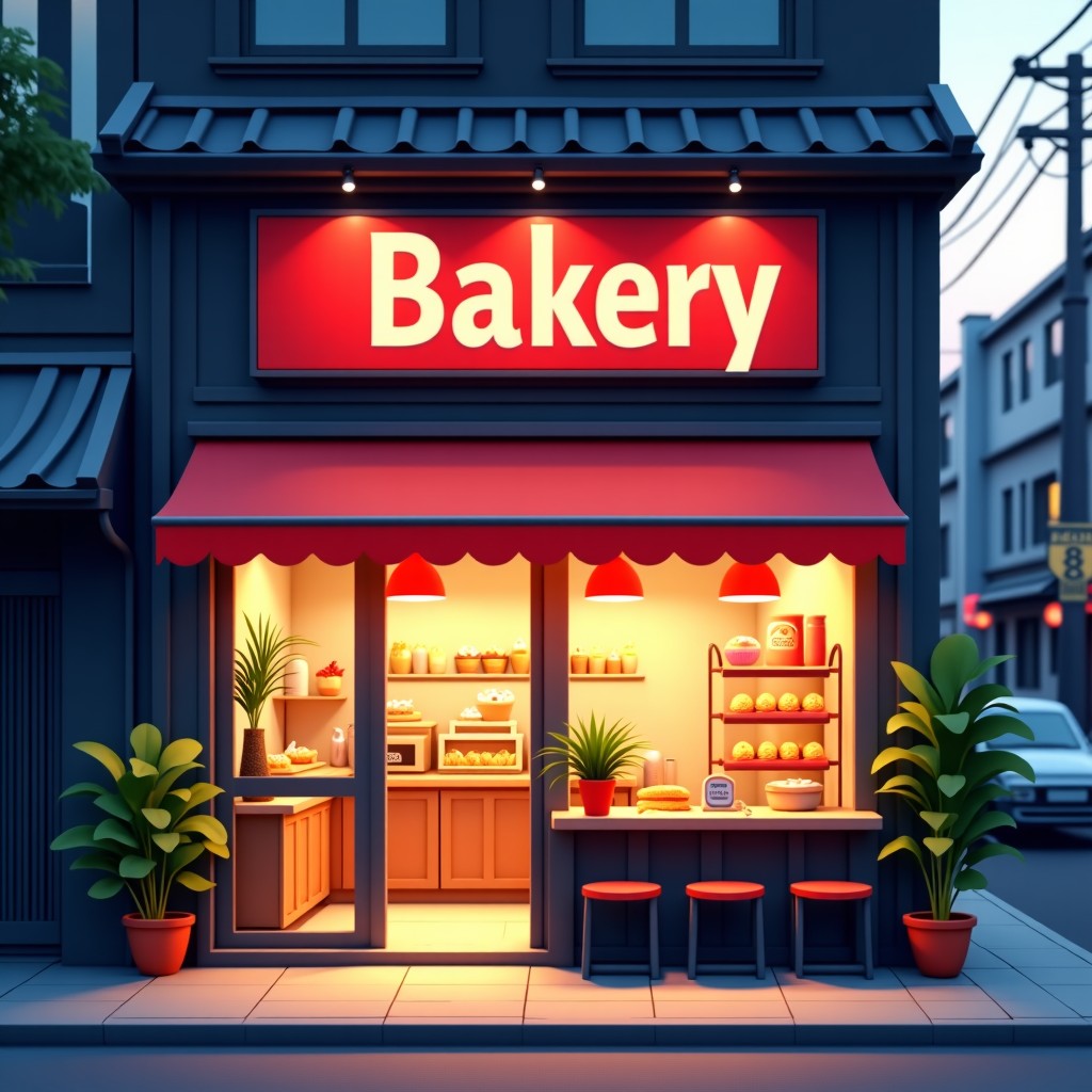 Modern yet traditional storefront of a small bakery, bright and welcoming atmosphere, authentic Korean street market vibe, cinematic lighting, 4:3
