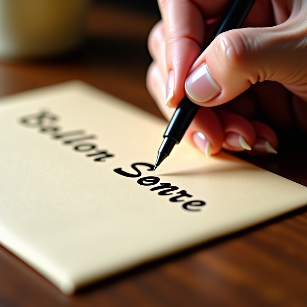 Close-up of a hand writing a name on the back of a traditional Korean wedding envelope with a black calligraphy pen, focused, elegant, warm lighting, 1:1