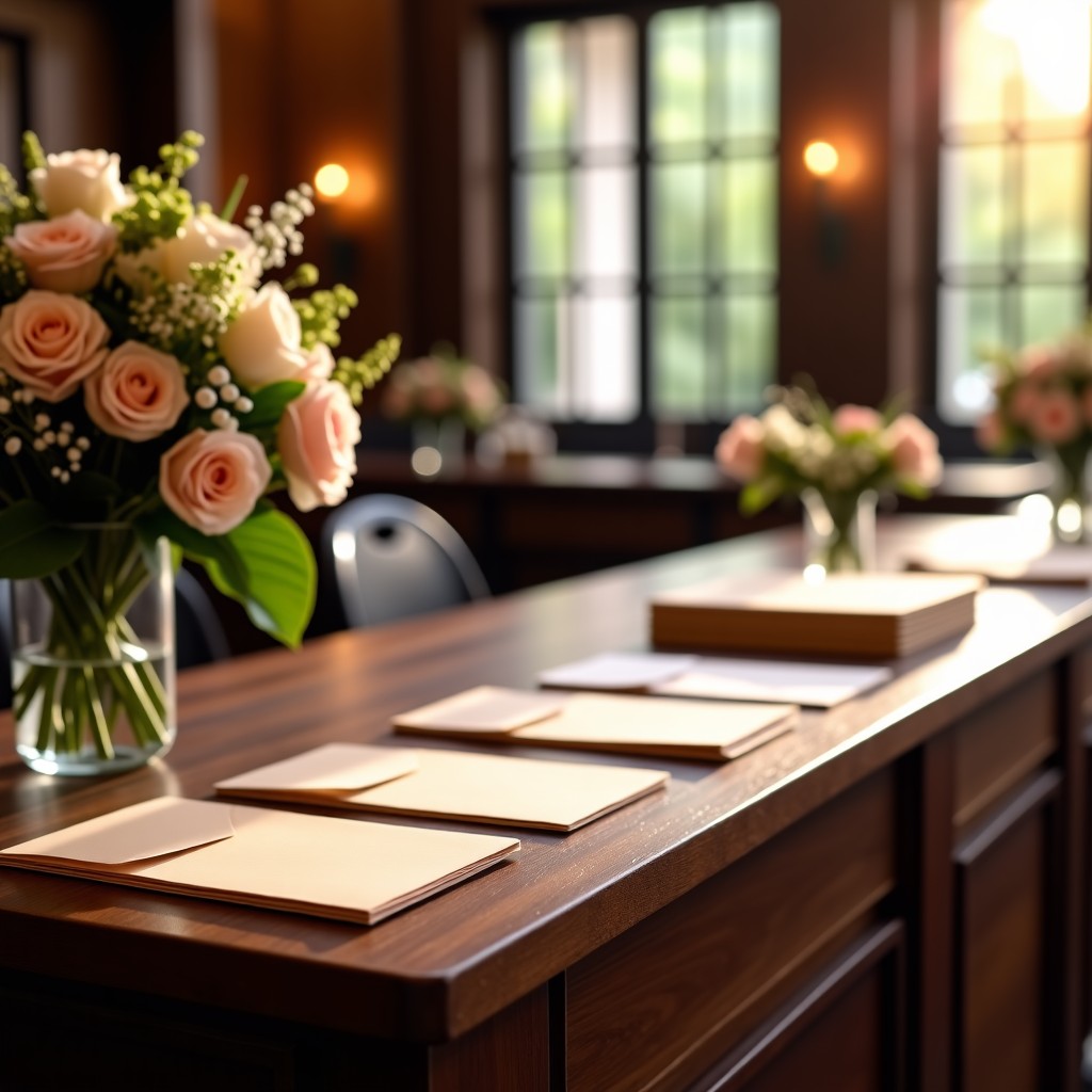 A busy but organized wedding reception desk with envelopes, flowers, soft ambient light, elegant wedding venue atmosphere, realistic photography, 4:3