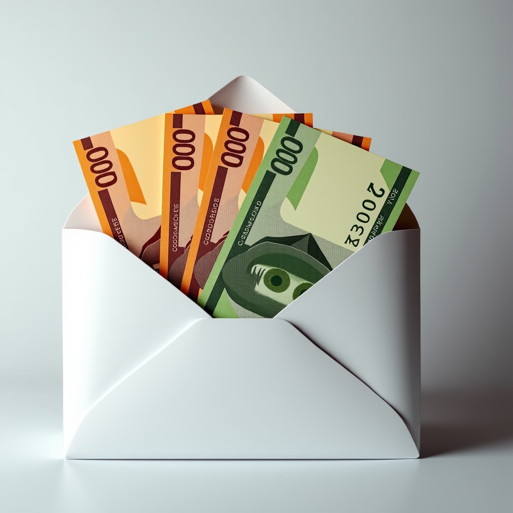 Close-up of crisp banknotes being placed inside a clean white envelope, high detail, aesthetic, professional lighting, 4:3