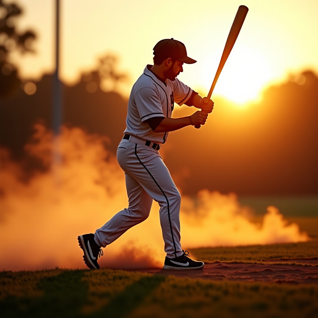 Close up of a baseball player swinging a bat with intense focus, dust in the air, sunset lighting, high shutter speed, photorealistic, 1:1
