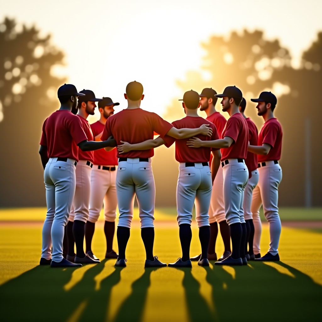 Baseball players gathering on the field in a circle, unity, teamwork atmosphere, morning sunlight, soft bokeh background, photorealistic, 4:3