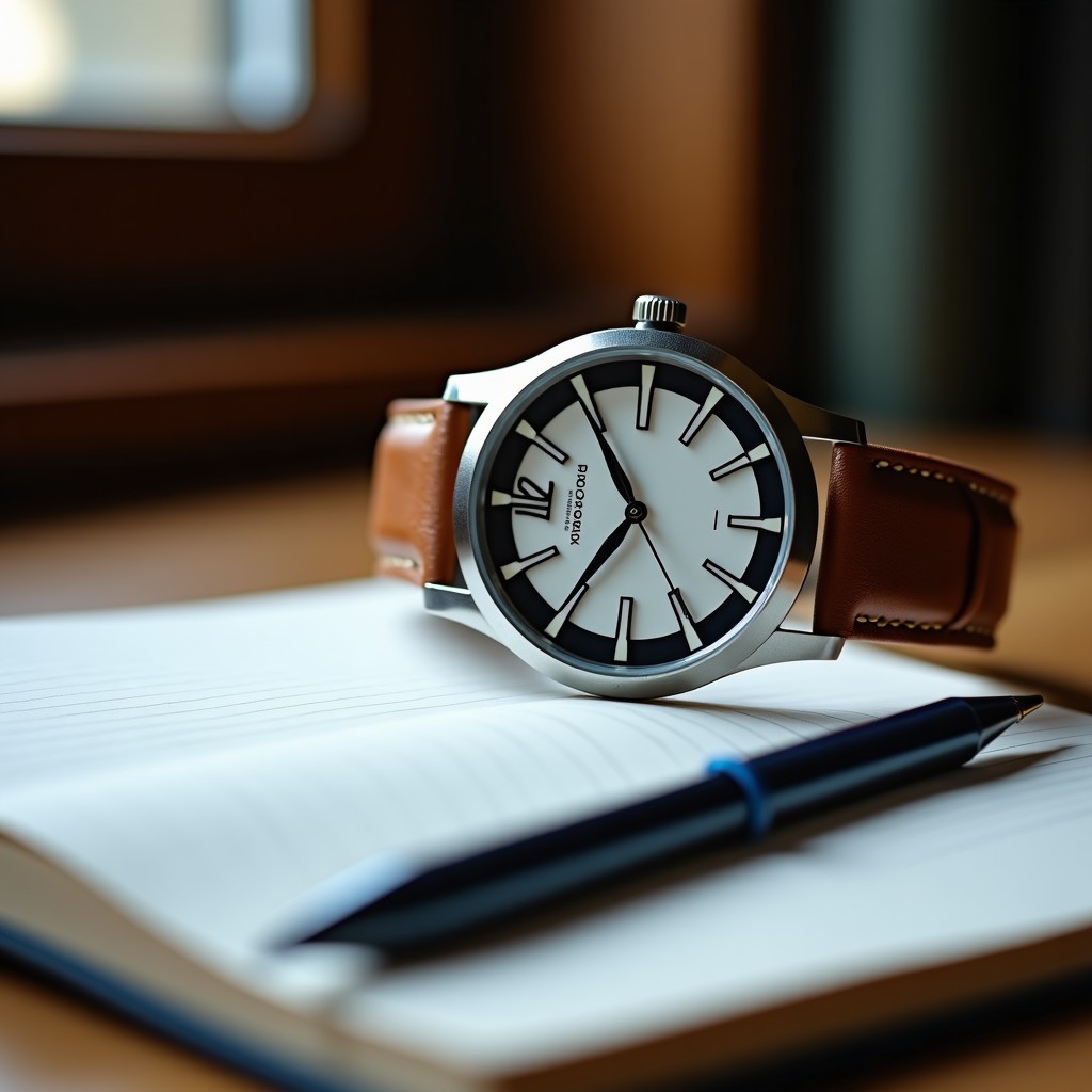 A close up shot of a watch and a study note, indicating time pressure, academic setting, realistic, cinematic lighting, 4:3