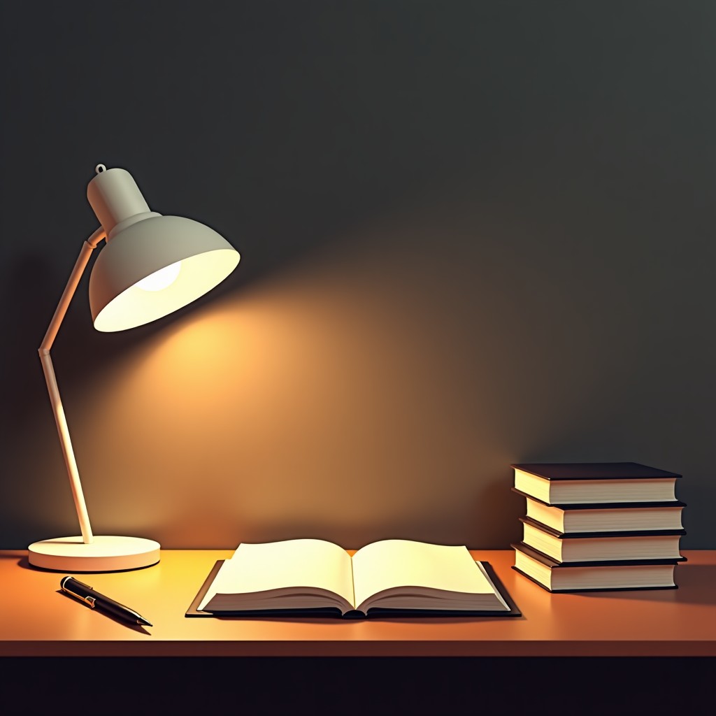 An inspirational view of a desk with books and a pen, warm and focused atmosphere, minimalist design, high quality, 4:3
