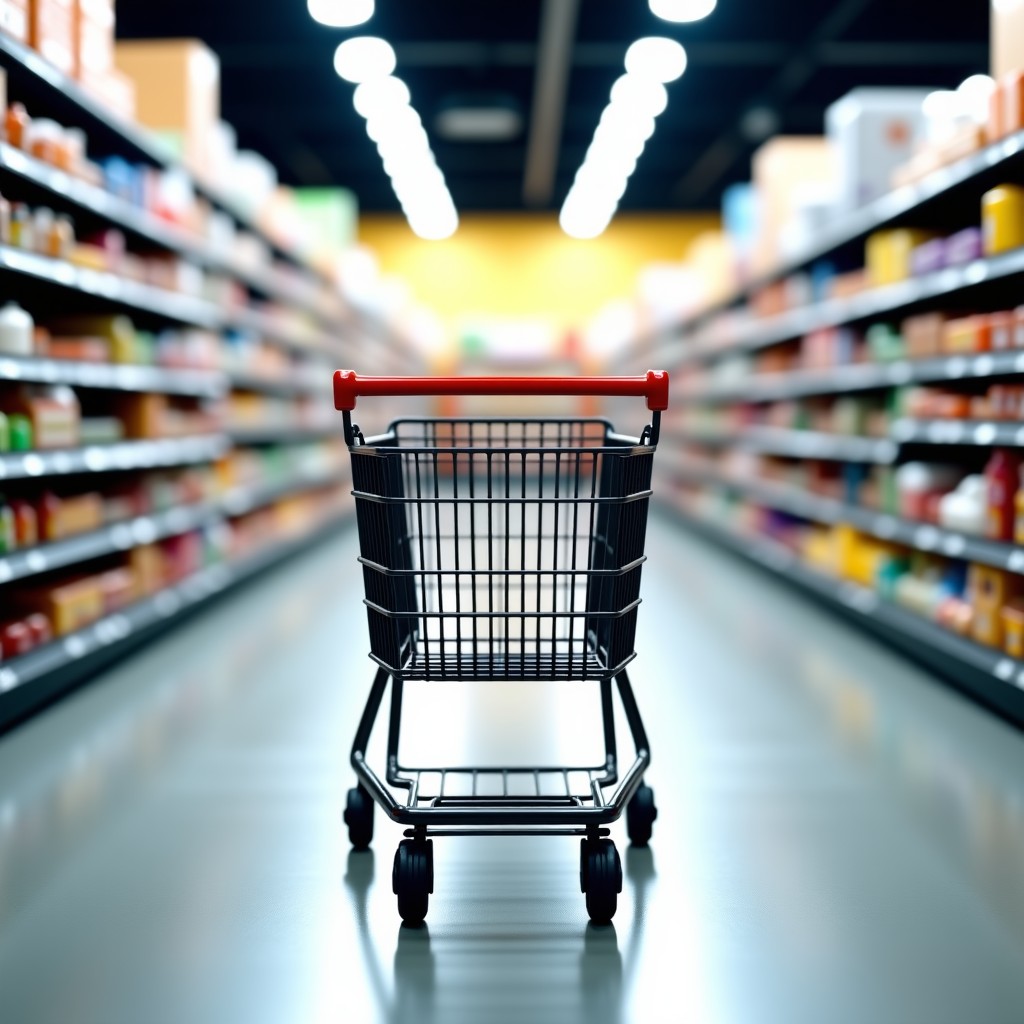 A modern shopping trolley standing in a brightly lit supermarket aisle with products on shelves in the background, realistic lifestyle photography, 4:3 aspect ratio