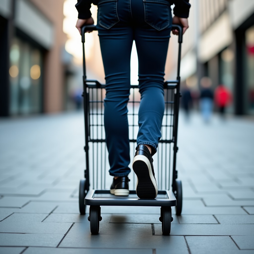 A person walking with a modern shopping trolley on a slightly uneven city pavement, focusing on the wheels and the mechanism, realistic lifestyle photography, 1:1 aspect ratio