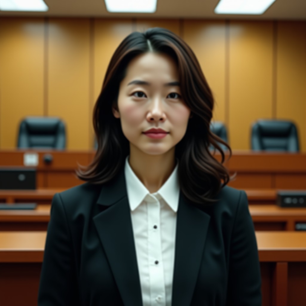 A professional South Korean actress portraying a lawyer in a courtroom setting, neutral lighting, cinematic composition, photorealistic, 4:3 aspect ratio.